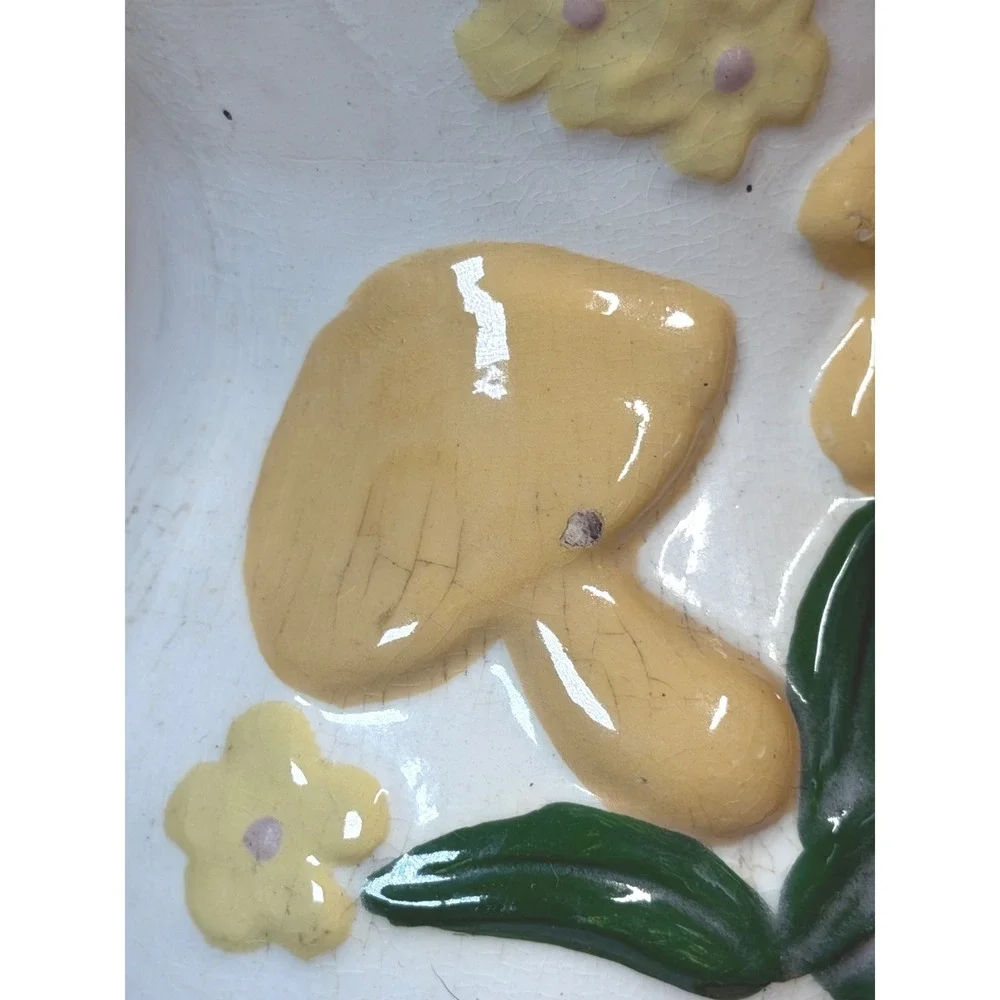 Vintage Mushroom Ceramic Pitcher‎ Yellow Relief 3D Cottagecore Retro Creamer